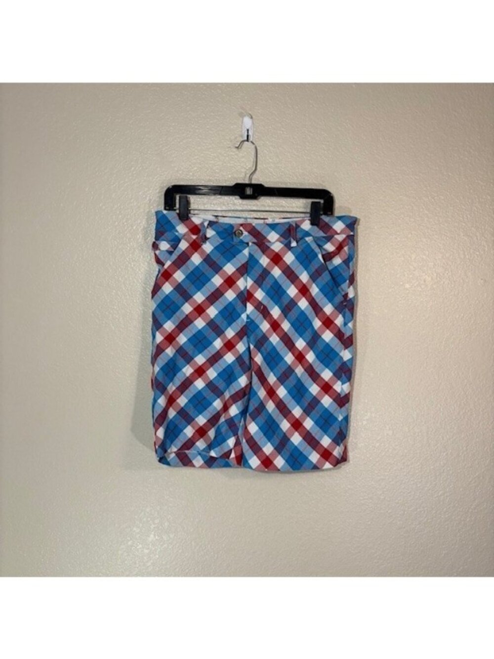 Royal and Awesome Golf Shorts Mens 32 x 9.5 Blue Red Plaid Chino